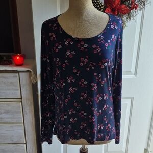 Lands' End Navy Floral Long Sleeve Tee